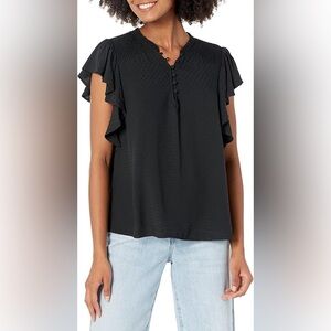 PAIGE Dewan Top Flutter Sleeve Cascading Ruffles Diamond Pattern in Back Top, S